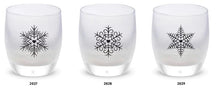 Load image into Gallery viewer, A set of white glassybaby votives with a hand etched snowflake and heart design, with the years 2027, 2028, 2029 visible at the bottom of the image.