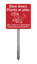 Load image into Gallery viewer, Velociraptor Garden Sign – “Slow Down, Plants at Play” – Laser Engraved Dinosaur Yard Stake