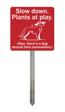 Load image into Gallery viewer, Dog Garden Sign – “Slow Down, Plants at Play” – Funny Outdoor Yard Decor with Stainless Steel Stake