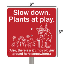 Load image into Gallery viewer, Grumpy Old Man Garden Sign – “Slow Down, Plants at Play” – Funny Yard Stake Sign