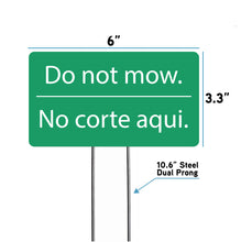 Load image into Gallery viewer, National Etching Do not mow green acrylic yard sign shown with dimensions on white background.