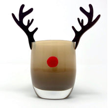 Load image into Gallery viewer, Wooden antlers adorn a brown votive. A red puff is on the front of the votive to simulate Rudolph the Red Nosed Reindeer. Votive shown on a white background.
