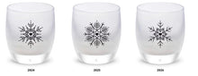 Load image into Gallery viewer, A set of  white glassybaby votives  with a hand etched snowflake and heart design, with the years 2024, 2025, 2026 visible at the bottom of the image.
