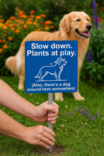 Load image into Gallery viewer, Dog Garden Sign – “Slow Down, Plants at Play” – Funny Outdoor Yard Decor with Stainless Steel Stake
