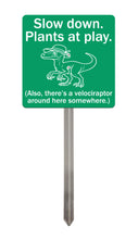 Load image into Gallery viewer, Velociraptor Garden Sign – “Slow Down, Plants at Play” – Laser Engraved Dinosaur Yard Stake
