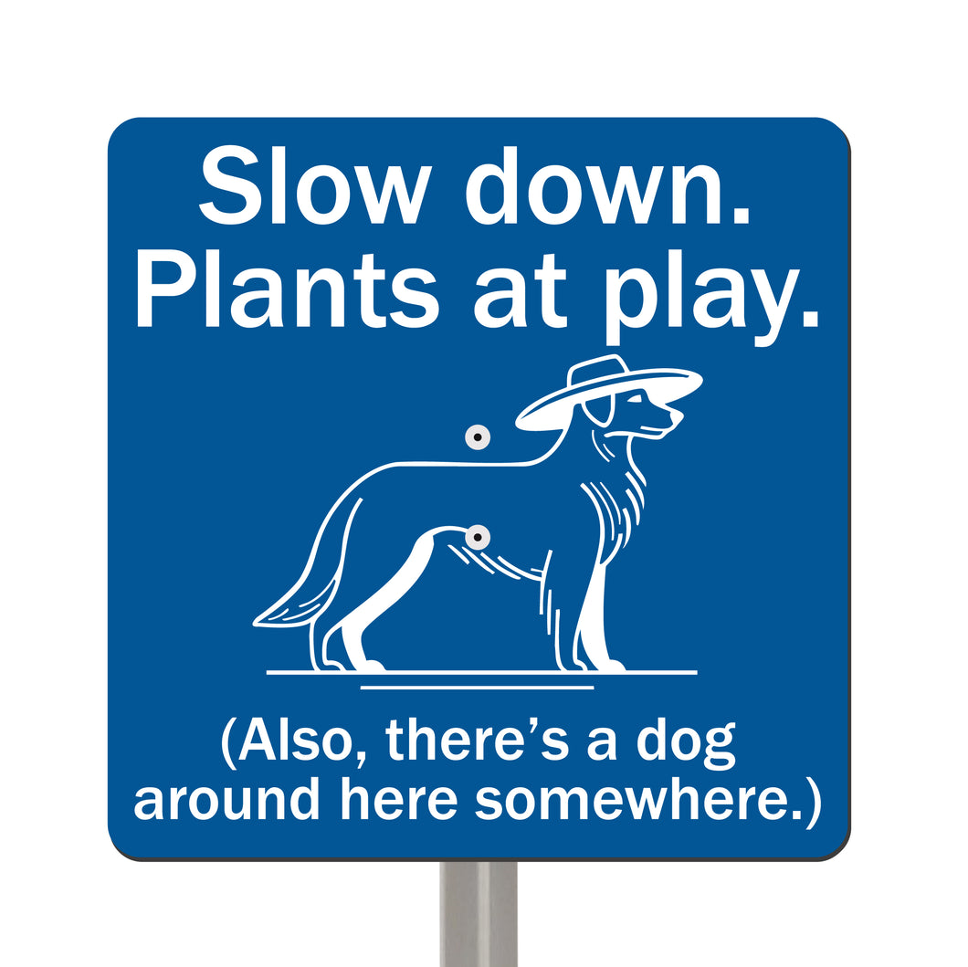 Dog Garden Sign – “Slow Down, Plants at Play” – Funny Outdoor Yard Decor with Stainless Steel Stake