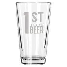 Load image into Gallery viewer, 1st Legal Beer pint glass shown on a white background.
