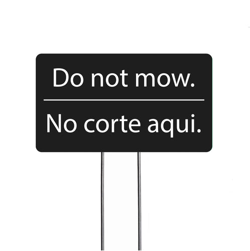 National Etching Do not mow bilingual black acrylic garden sign shown on white background.