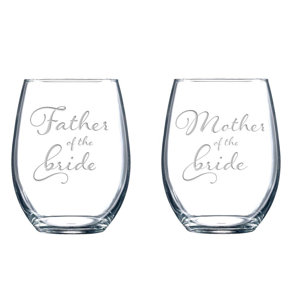 Mother and Father of the Bride stemless wine glass set - National Etching