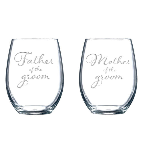 Mother and Father of the Groom stemless wine glass set - National Etching