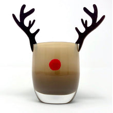 Load image into Gallery viewer, Wooden antlers adorn a brown votive. A red puff is on the front of the votive to simulate Rudolph the Red Nosed Reindeer. Votive shown on a white background. 
