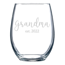 Load image into Gallery viewer, Grandma est 2022 stemless wine glass

