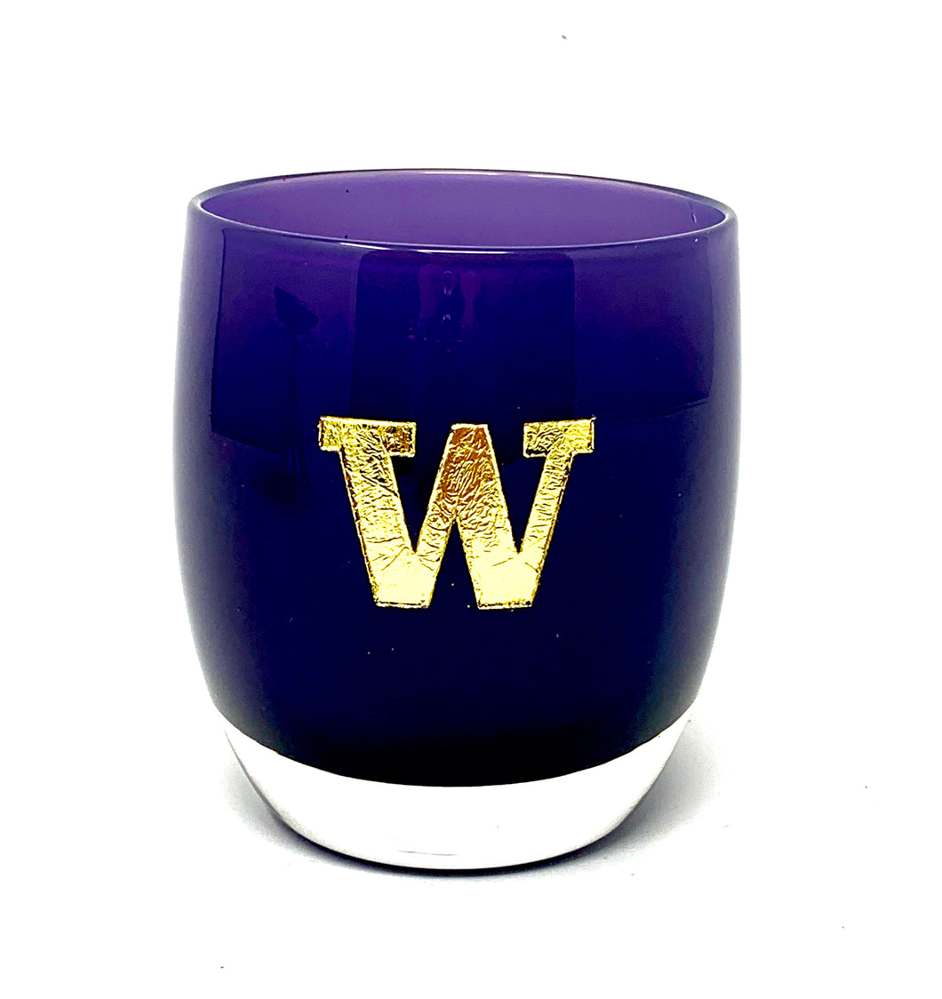 Purple votive with gold W etched and gold leafed. 