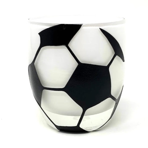 Soccer ball pattern is etched on a votive by National Etching