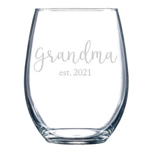 Load image into Gallery viewer, Grandma est 2021 stemless wine glass

